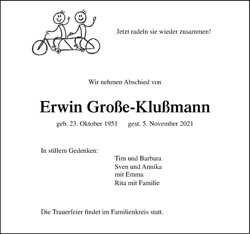  Traueranzeige für Erwin Große-Klußmann vom 13.11.2021 aus Neue Osnabrücker Zeitung GmbH & Co. KG