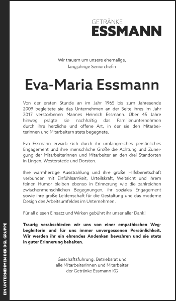 Traueranzeige von Eva-Maria Essmann von Neue Osnabrücker Zeitung GmbH & Co. KG