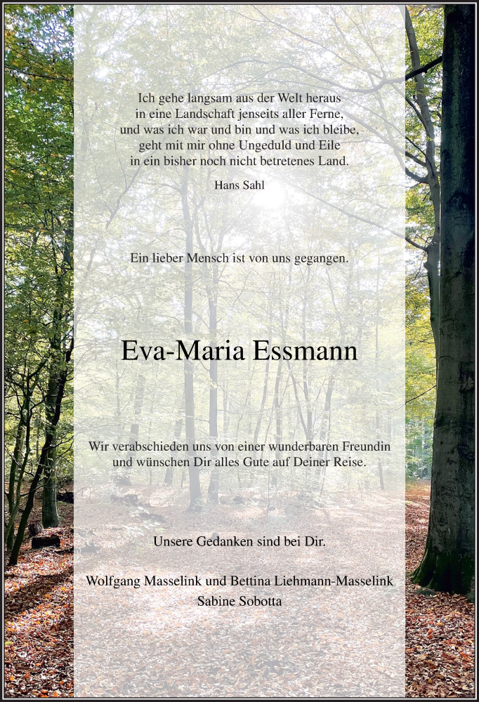  Traueranzeige für Eva-Maria Essmann vom 20.11.2021 aus Neue Osnabrücker Zeitung GmbH & Co. KG