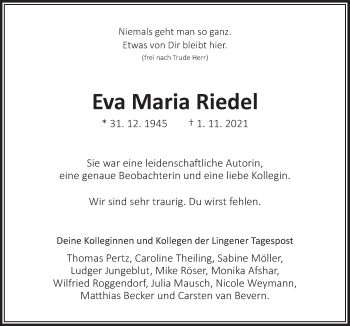 Traueranzeige von Eva Maria Riedel von Neue Osnabrücker Zeitung GmbH & Co. KG