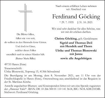 Traueranzeige von Ferdinand Göcking von Neue Osnabrücker Zeitung GmbH & Co. KG