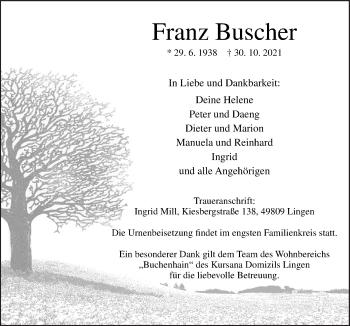 Traueranzeige von Franz Buscher von Neue Osnabrücker Zeitung GmbH & Co. KG