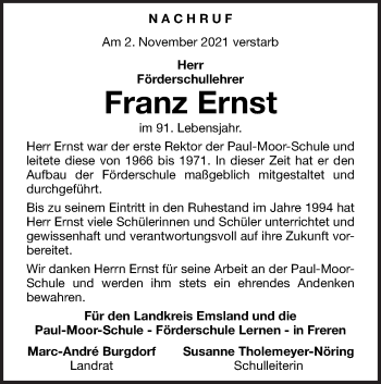 Traueranzeige von Franz Ernst von Neue Osnabrücker Zeitung GmbH & Co. KG