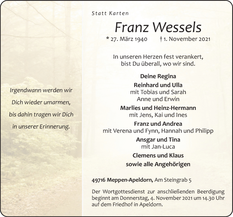  Traueranzeige für Franz Wessels vom 03.11.2021 aus Neue Osnabrücker Zeitung GmbH & Co. KG