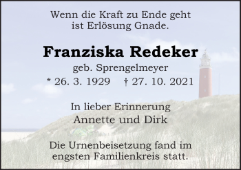 Traueranzeige von Franziska Redeker von Neue Osnabrücker Zeitung GmbH & Co. KG