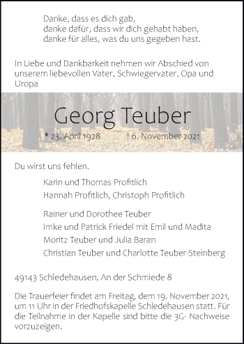 Traueranzeige von Georg Teuber von Neue Osnabrücker Zeitung GmbH & Co. KG