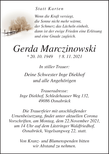 Traueranzeige von Gerda Marczinowski von Neue Osnabrücker Zeitung GmbH & Co. KG