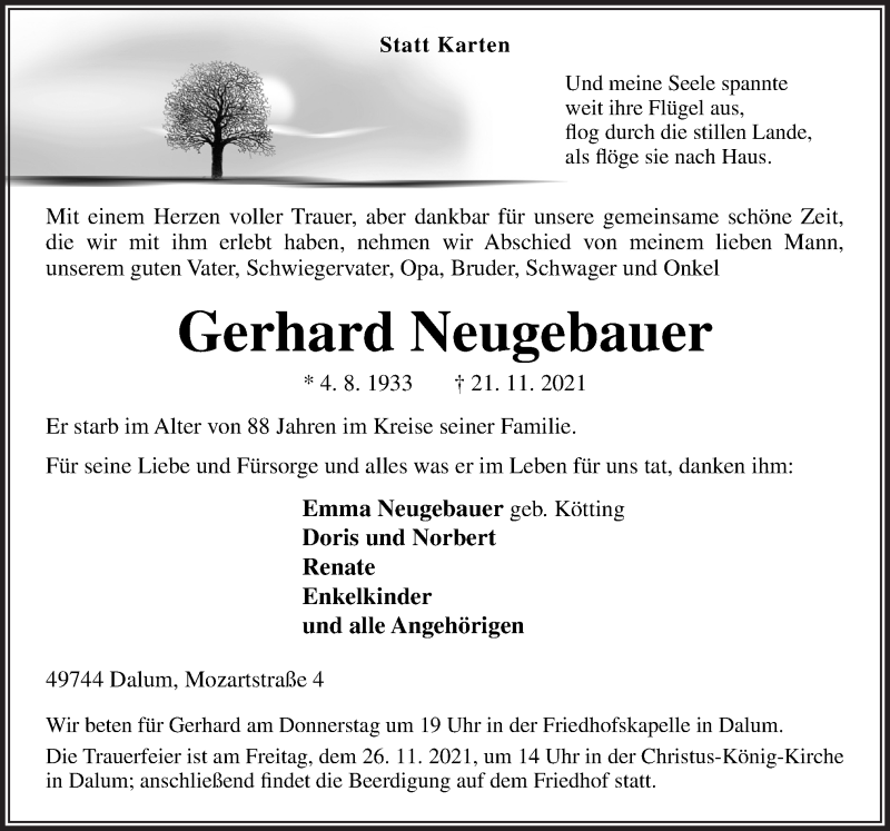  Traueranzeige für Gerhard Neugebauer vom 24.11.2021 aus Neue Osnabrücker Zeitung GmbH & Co. KG