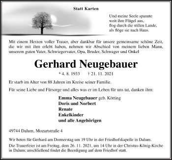 Traueranzeige von Gerhard Neugebauer von Neue Osnabrücker Zeitung GmbH & Co. KG