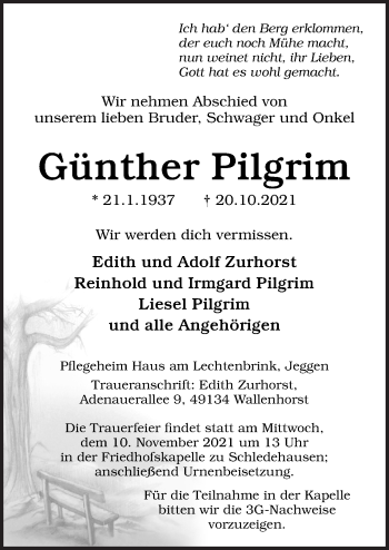 Traueranzeige von Günther Pilgrim von Neue Osnabrücker Zeitung GmbH & Co. KG