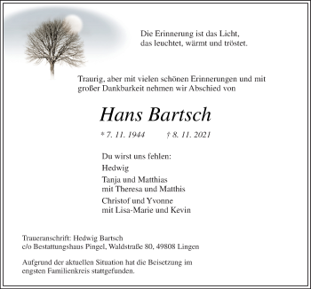 Traueranzeige von Hans Bartsch von Neue Osnabrücker Zeitung GmbH & Co. KG