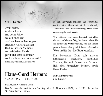 Traueranzeige von Hans-Gerd Herbers von Neue Osnabrücker Zeitung GmbH & Co. KG