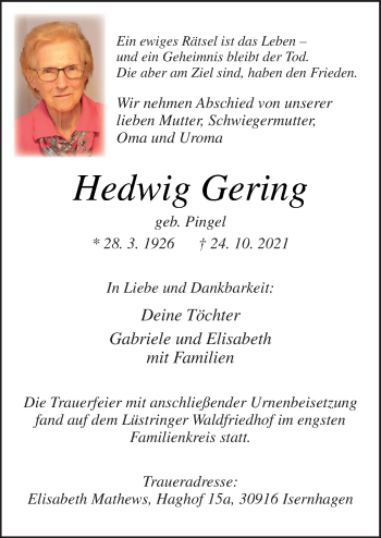 Traueranzeige von Hedwig Gering von Neue Osnabrücker Zeitung GmbH & Co. KG