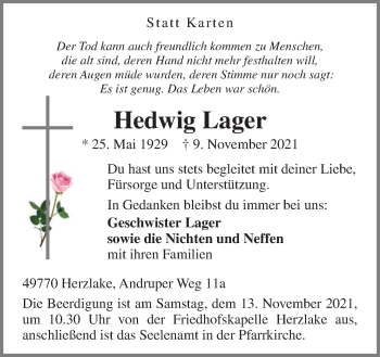 Traueranzeige von Hedwig Lager von Neue Osnabrücker Zeitung GmbH & Co. KG