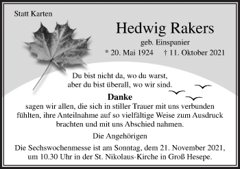 Traueranzeige von Hedwig Rakers von Neue Osnabrücker Zeitung GmbH & Co. KG