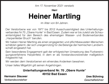 Traueranzeige von Heiner Martling von Neue Osnabrücker Zeitung GmbH & Co. KG