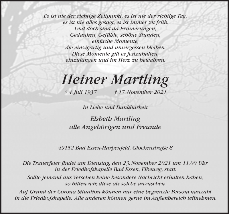  Traueranzeige für Heiner Martling vom 20.11.2021 aus Neue Osnabrücker Zeitung GmbH & Co. KG