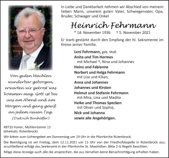 Traueranzeige von Heinrich Fehrmann von Neue Osnabrücker Zeitung GmbH & Co. KG