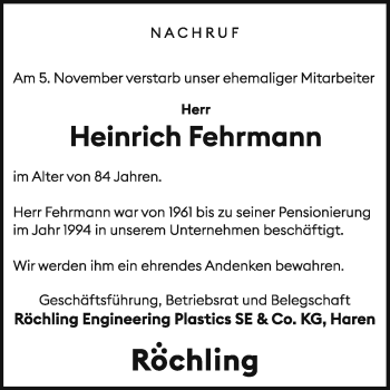 Traueranzeige von Heinrich Fehrmann von Neue Osnabrücker Zeitung GmbH & Co. KG