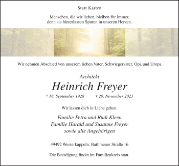 Traueranzeige von Heinrich Freyer von Neue Osnabrücker Zeitung GmbH & Co. KG