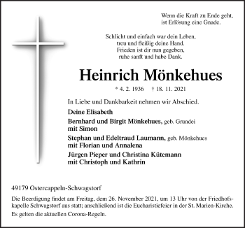 Traueranzeige von Heinrich Mönkehues von Neue Osnabrücker Zeitung GmbH & Co. KG