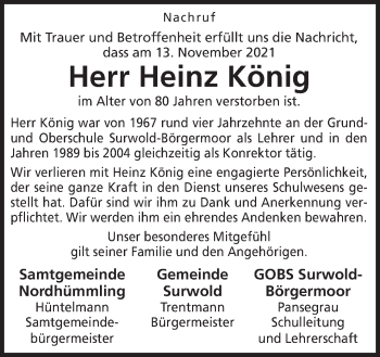 Traueranzeige von Heinz König von Neue Osnabrücker Zeitung GmbH & Co. KG