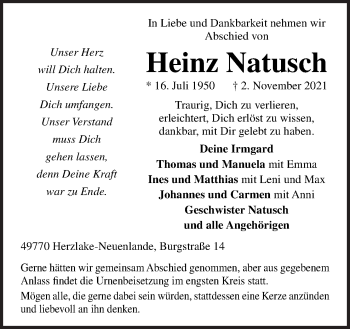 Traueranzeige von Heinz Natusch von Neue Osnabrücker Zeitung GmbH & Co. KG