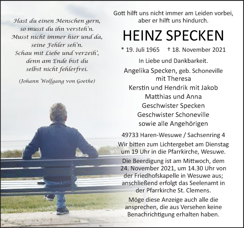  Traueranzeige für Heinz Specken vom 22.11.2021 aus Neue Osnabrücker Zeitung GmbH & Co. KG