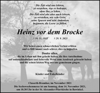 Traueranzeige von Heinz vor dem Brocke von Neue Osnabrücker Zeitung GmbH & Co. KG