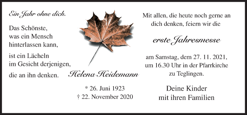  Traueranzeige für Helena Heidemann vom 22.11.2021 aus Neue Osnabrücker Zeitung GmbH & Co. KG