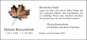 Traueranzeige von Helmut Renzenbrink von Neue Osnabrücker Zeitung GmbH & Co. KG