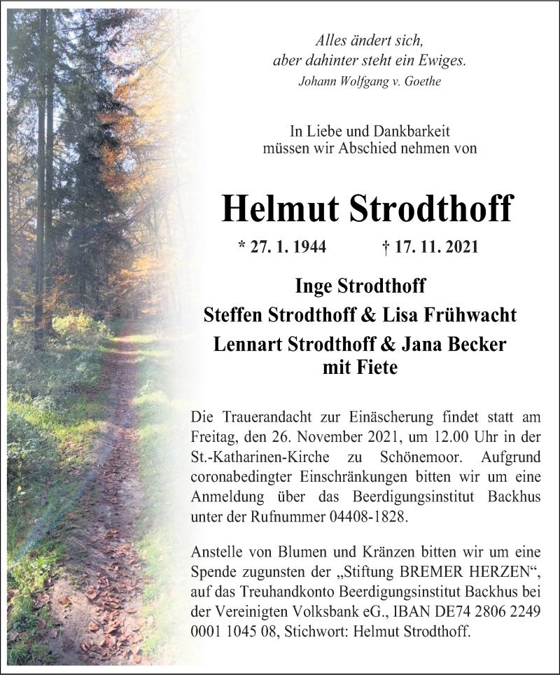  Traueranzeige für Helmut Strodthoff vom 23.11.2021 aus Neue Osnabrücker Zeitung GmbH & Co. KG