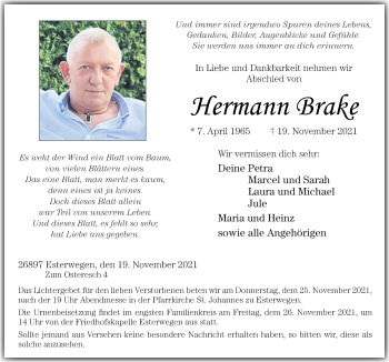 Traueranzeige von Hermann Brake von Neue Osnabrücker Zeitung GmbH & Co. KG