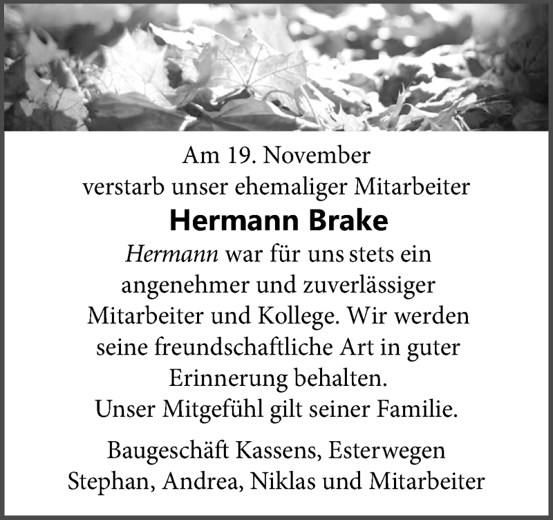  Traueranzeige für Hermann Brake vom 26.11.2021 aus Neue Osnabrücker Zeitung GmbH & Co. KG