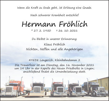 Traueranzeige von Hermann Fröhlich von Neue Osnabrücker Zeitung GmbH & Co. KG