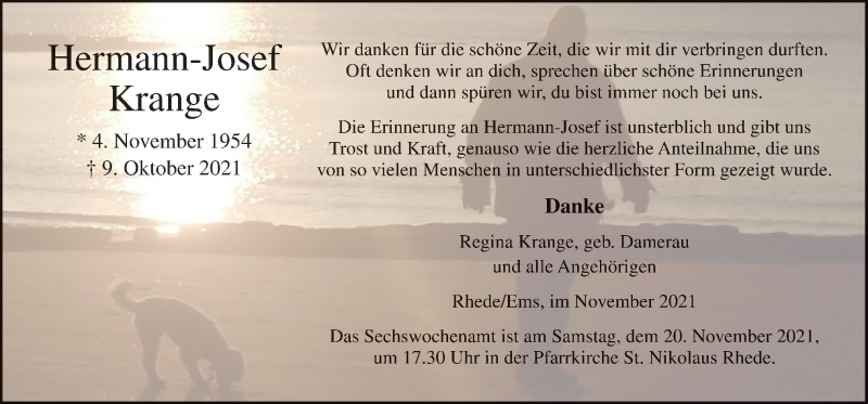  Traueranzeige für Hermann-Josef Krange vom 18.11.2021 aus Neue Osnabrücker Zeitung GmbH & Co. KG