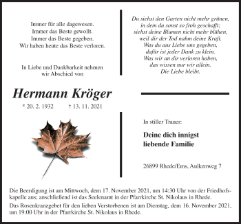 Traueranzeige von Hermann Kröger von Neue Osnabrücker Zeitung GmbH & Co. KG