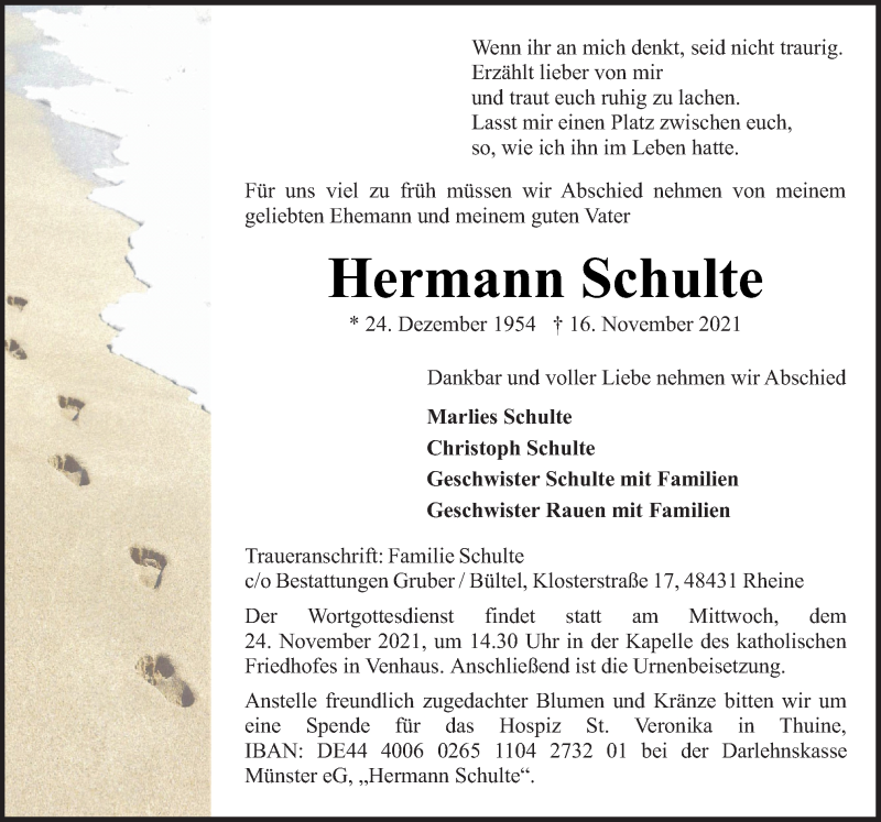  Traueranzeige für Hermann Schulte vom 19.11.2021 aus Neue Osnabrücker Zeitung GmbH & Co. KG