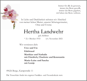 Traueranzeige von Hertha Landwehr von Neue Osnabrücker Zeitung GmbH & Co. KG