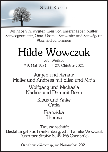 Traueranzeige von Hilde Wowczuk von Neue Osnabrücker Zeitung GmbH & Co. KG