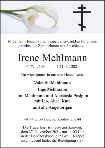 Traueranzeige von Irene Mehlmann von Neue Osnabrücker Zeitung GmbH & Co. KG