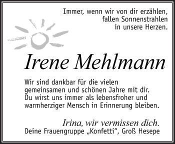 Traueranzeige von Irene Mehlmann von Neue Osnabrücker Zeitung GmbH & Co. KG