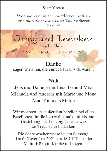Traueranzeige von Irmgard Teepker von Neue Osnabrücker Zeitung GmbH & Co. KG