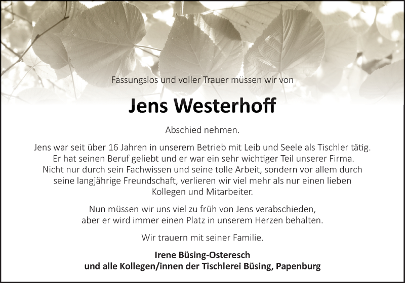  Traueranzeige für Jens Westerhoff vom 08.11.2021 aus Neue Osnabrücker Zeitung GmbH & Co. KG