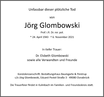 Traueranzeige von Jörg Glombowski von Neue Osnabrücker Zeitung GmbH & Co. KG