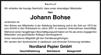 Traueranzeige von Johann Bohse von Neue Osnabrücker Zeitung GmbH & Co. KG