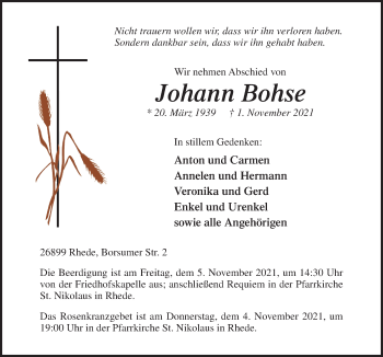 Traueranzeige von Johann Bohse von Neue Osnabrücker Zeitung GmbH & Co. KG