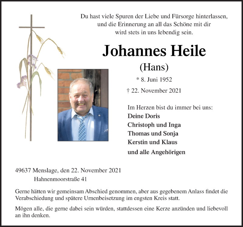  Traueranzeige für Johannes Heile vom 25.11.2021 aus Neue Osnabrücker Zeitung GmbH & Co. KG