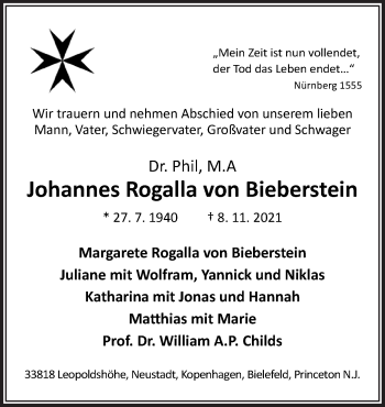 Traueranzeige von Johannes Rogalla von Bieberstein von Neue Osnabrücker Zeitung GmbH & Co. KG