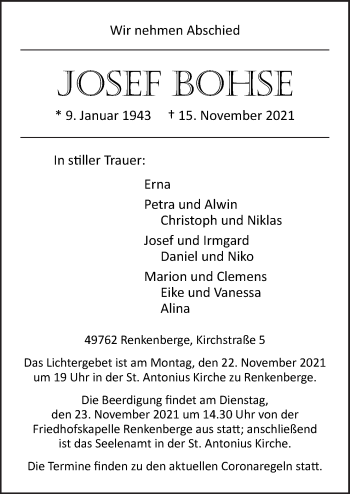 Traueranzeige von Josef Bohse von Neue Osnabrücker Zeitung GmbH & Co. KG